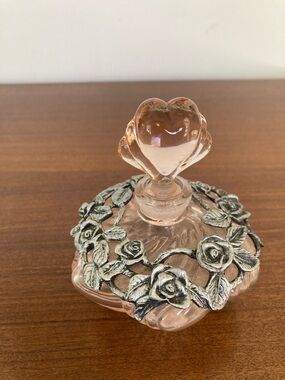 Vintage 70s 80s pink glass and silver pewter floral perfume bottle
